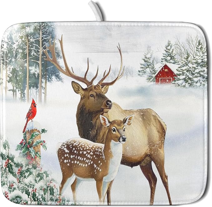 Giwawa Winter Deer Dish Drying Mat 16"x18" Xmas Tree Bird Holly Berry Dish by Giwawa