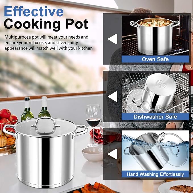 P&P CHEF 12 QT Stock Pot with Lid, Stainless Steel Large Cooking Pot, Soup - Image 6