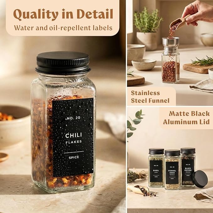 EDELHAUS Glass Spice Jars with Label and Black Aluminium Lids Spice Containers - Image 8