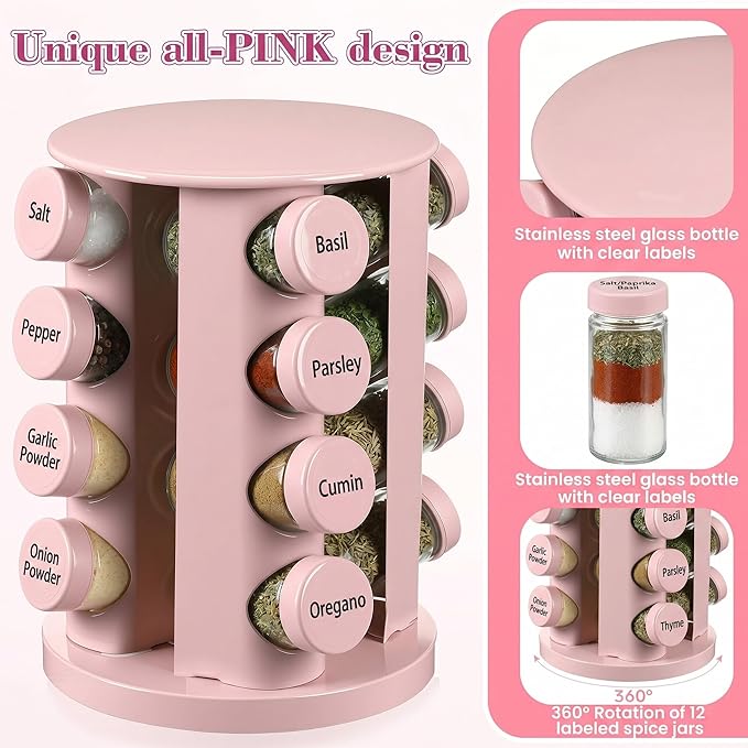 Yungyan Pink Rotating Spice Rack Seasoning Organizer - Image 3