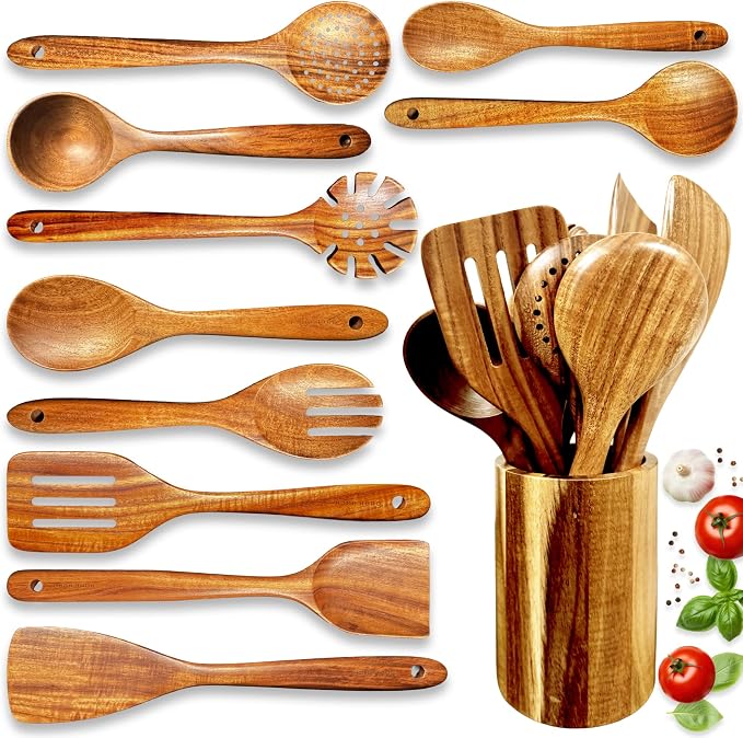 Home Hero Wooden Utensil Set 11 Pcs – Natural Teak Wooden Kitchen Utensils Set by HomeHero
