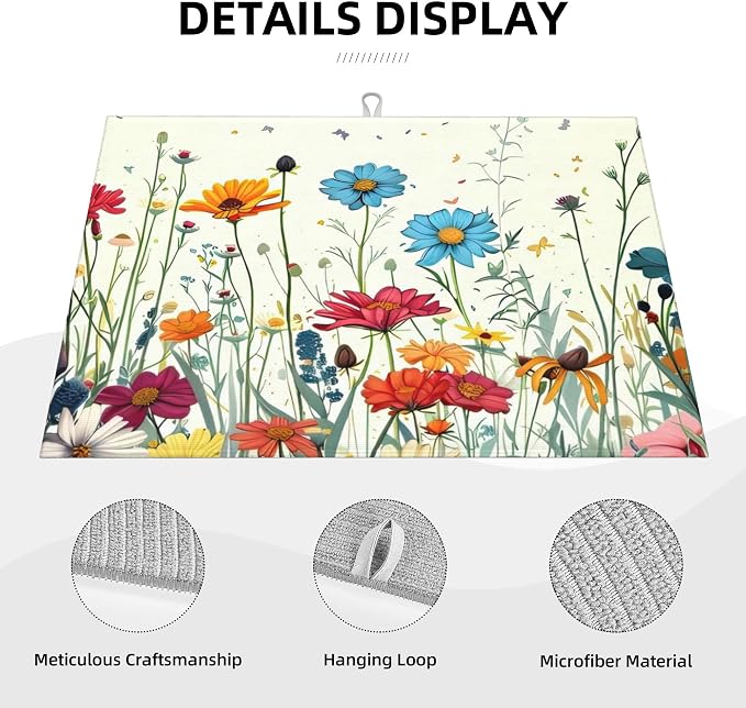 Butterfly Flowers Dish Drying Mat 18x24 Inch, Microfiber Absorbent Fast Dry Mat - Image 3