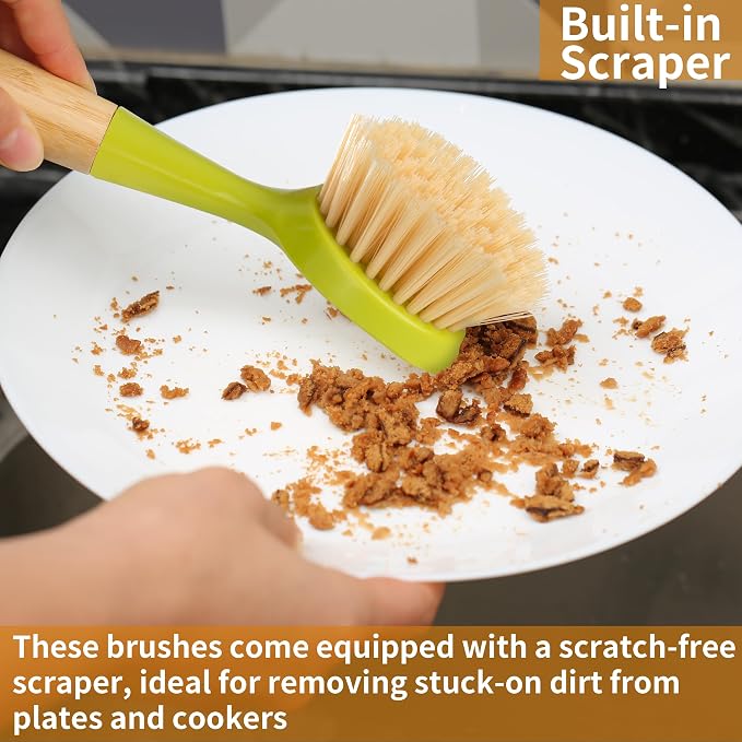 2 Pack Kitchen Dish Brush Bamboo Handle Dish Scrubber Built-in Scraper - Image 5