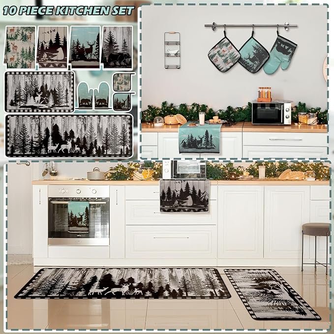 Fourluoo 10 Pcs Farmhouse Kitchen Decor Set Dish Towels Kitchen Rugs Oven Mitts - Image 6