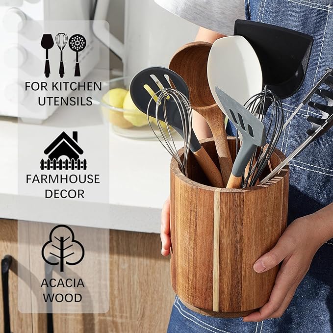 Acacia Wood Utensil Holder for Kitchen Counter, 360° Rotating 7.2" Wooden - Image 4