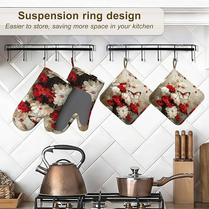 Oven Mitts and Pot Holders White Red Flower Silicone Kitchen Accessories Set of - Image 5