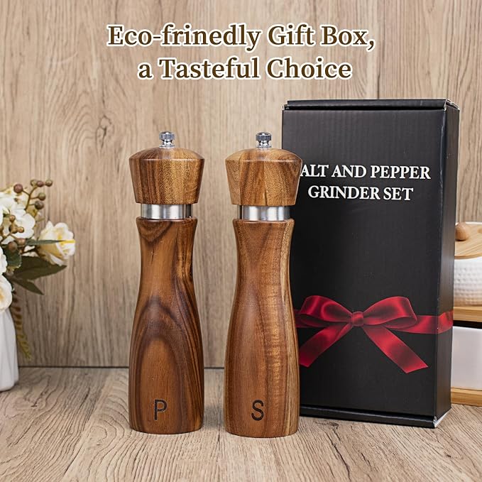 2 Pack Acacia Wood Salt and Pepper Grinder Set, Wooden Salt and Pepper Mill Set - Image 6