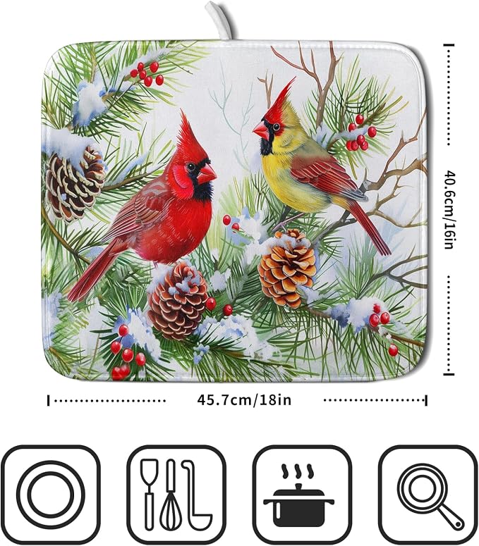 Giwawa Red Birds Dish Drying Mat, Xmas Tree Branch Holly Red Berries Dish - Image 2