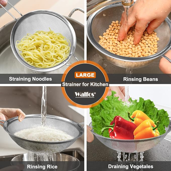 Walfos Large Fine Mesh Strainer 9.35" & 7.8", Stainless Steel Mesh Sieve - Image 2
