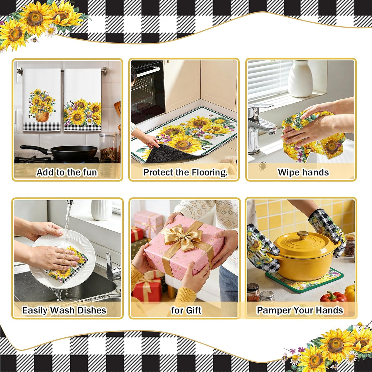 10 PCS Sunflower Plaid Kitchen Decor and Accessories - Sets 4 Kitchen