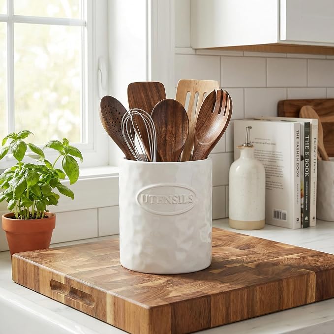 White Utensil Holder Set of 2 Ceramic Cooking Utensil Crock Modern Kitchen - Image 7