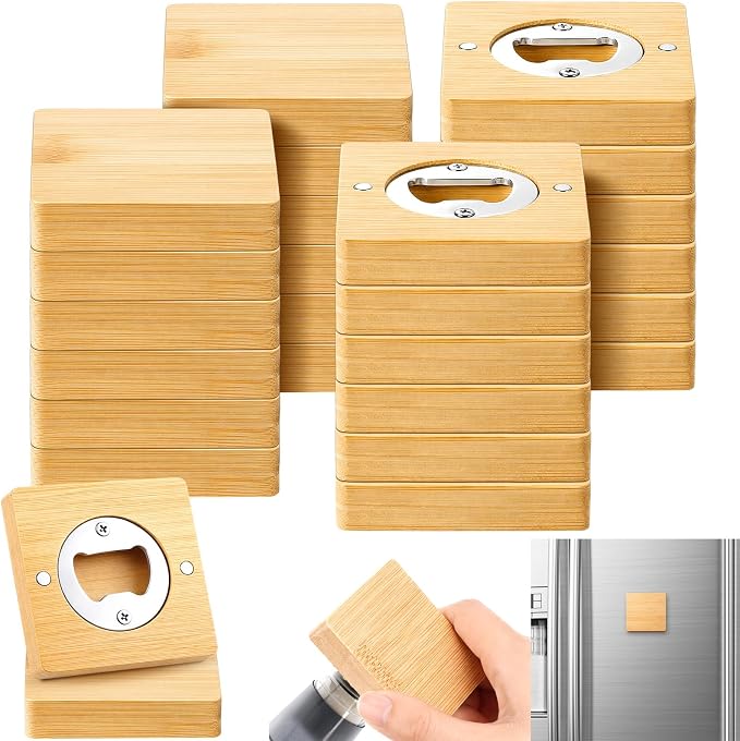 Vesici 24 Pcs Magnetic Bottle Opener 2.5in DIY Bamboo Square Shape Beer Openers by Vesici
