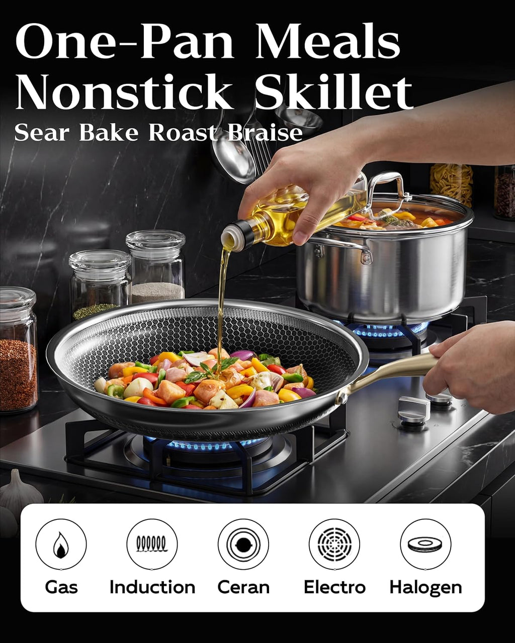 Frying Pan Nonstick with Lid 12 in, Honeycomb, PFAS-Free, All Cooktops