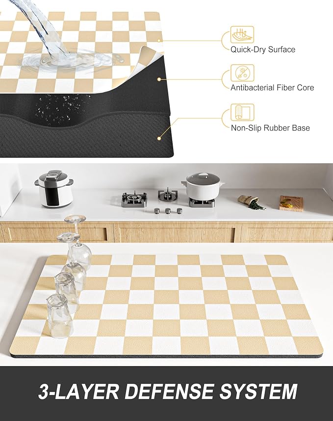 Rnivvi Dish Drying Mat for Kitchen Counter, 12 x 19" Cute Checkered Absorbent - Image 4