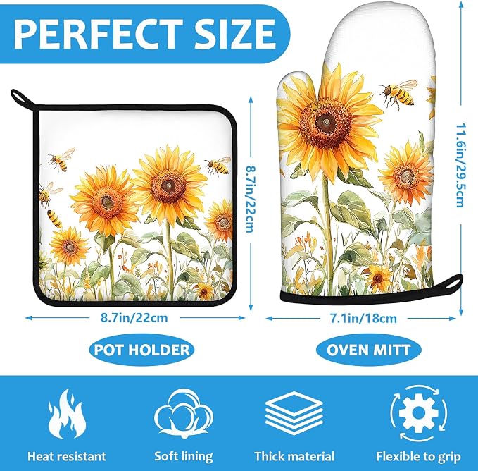 Watercolor Sunflower Oven Mitts and Pot Holders Sets Heat Resistant 4Pcs Busy - Image 2