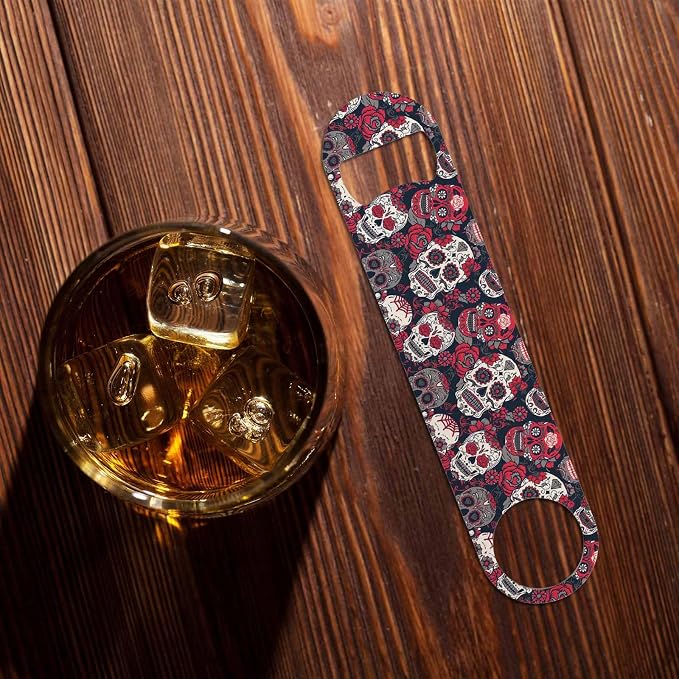 Skull and Flowers Stainless Steel Bottle Opener Day of The Dead Skull Red Peony - Image 7