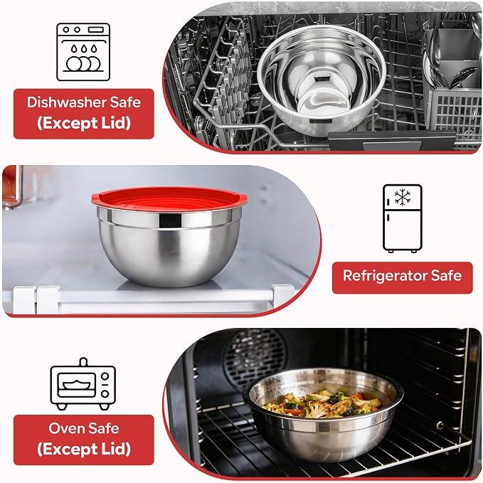 E-far Mixing Bowls With Lids Sets of 5, 10-Piece Stainless Steel Salad Metal - Image 7