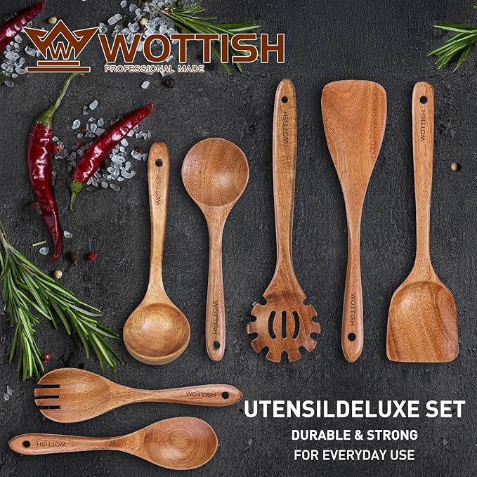 Wooden Utensil Set, WOTTISH 7Pcs Nonstick Wood Spatula, Wooden Kitchen Utensils - Image 2