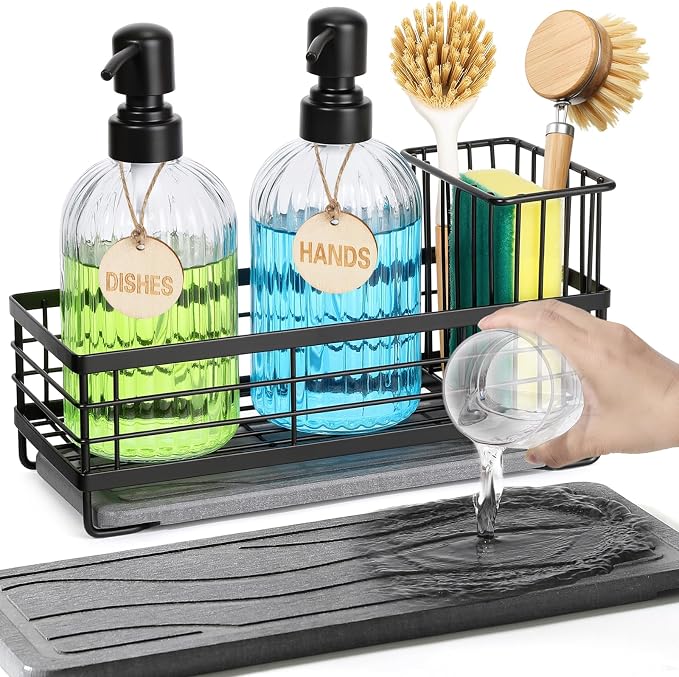 Shinowa Kitchen Dish Soap Dispenser Set, 14OZ Glass Bottle by Shinowa