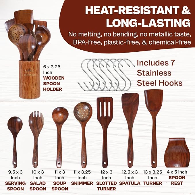 9 Piece Premium Teak Wooden Cooking Utensils Set- Spoons and Spatulas - Image 3