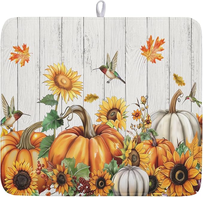 Fall Sunflower Maple Leaves Dish Drying Mat by Kawani