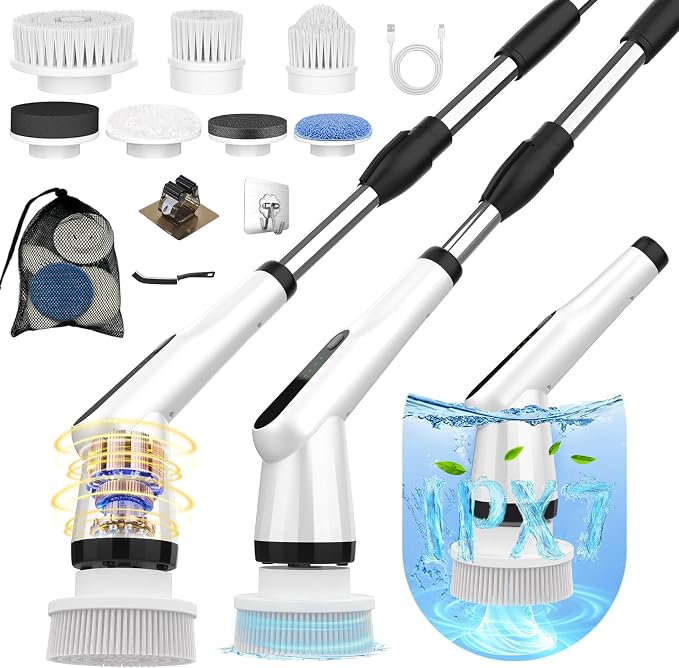 Dreazu Electric Spin Scrubber, 12-in-1 Shower Scrubber & Retractable Long Handle by Dreazu