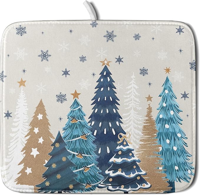 Christmas Tree Dish Drying Mat for Kitchen Counter 18x16 Inch Xmas Snowflake by Trongr