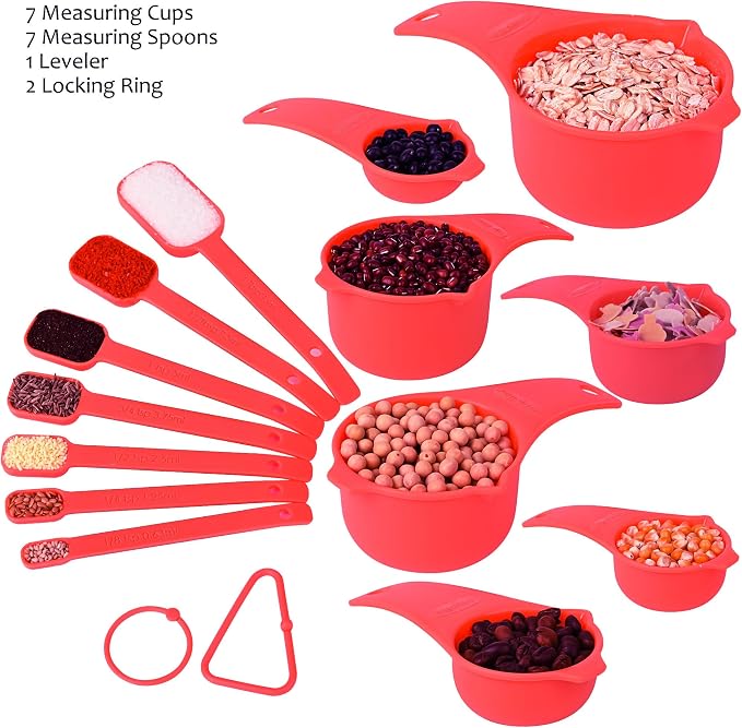 Red Measuring Cups and Spoons Set 15, 7 Plastic Measuring Cup Set, 7 Spice Long - Image 4