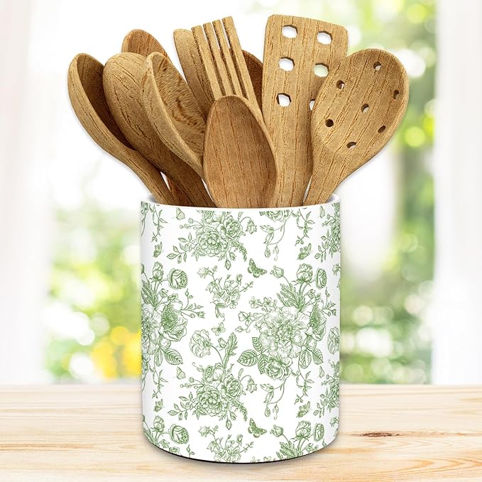 JarThenaAMCS Green Floral Ceramic Utensil Holder Vintage Flower Butterfly by JarThenaAMCS