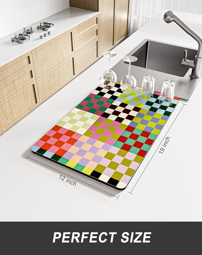 Rnivvi Dish Drying Mat for Kitchen Counter, 12 x 19" Cute Checkered Absorbent - Image 2