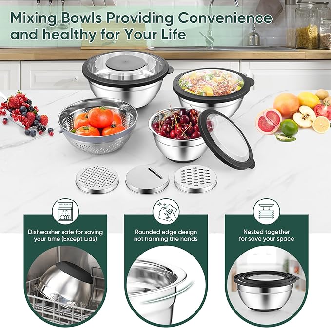 P&P CHEF Mixing Bowls with Lids Set of 3, Stainless Steel Mixing Bowl and - Image 7