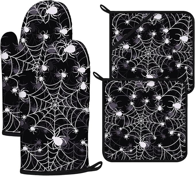 Spider Web Oven Mitts and Pot Holders Sets 4Pcs, Extra Long Oven Gloves by VisittheDuibelproduct