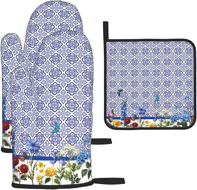 Blue Chinoiserie Oven Mitts Heat Resistant, Cute Floral Pot Holders and Kitchen by Unknown