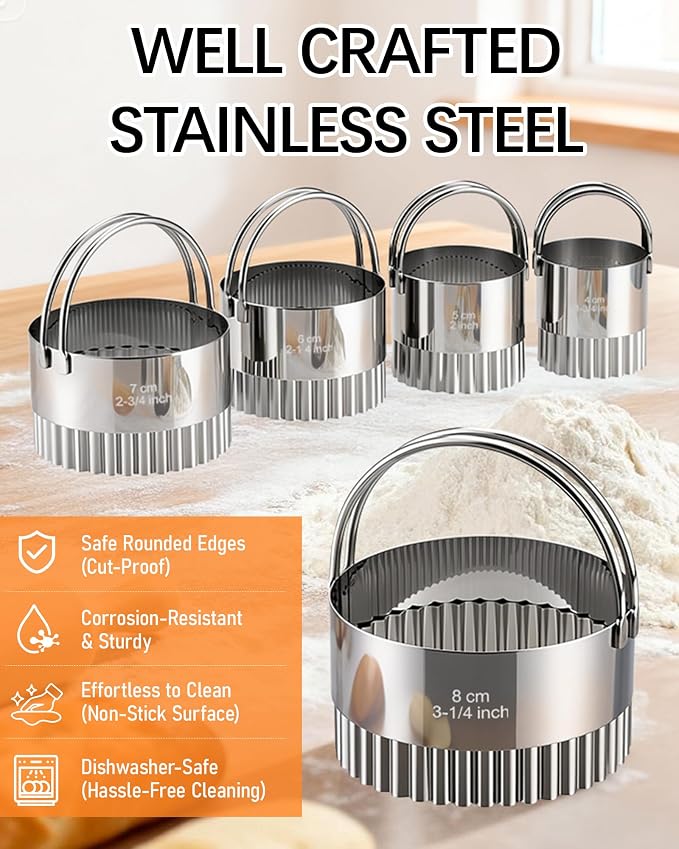 Biscuit Cutter Set with Handle, 5 Piece Stainless Steel Fluted Round Cookie - Image 4