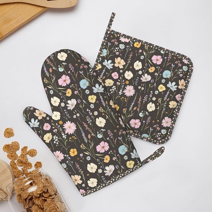 Oven Mitts and Pot Holders Set, Vintage Flower Botanical Leaf Silicone Kitchen - Image 6