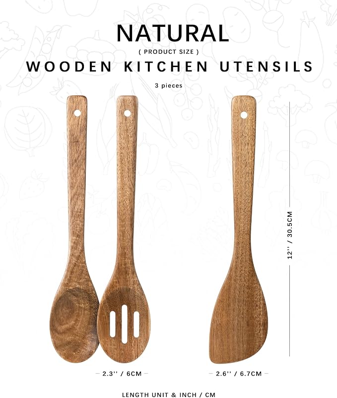 Wooden Spoons for Cooking, 3-Piece Wood Utensil Set Includes Slotted Spoon - Image 2