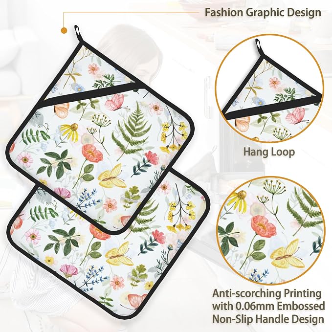 Wildflowers Butterfly Herbs Pot Holder Set of 2, Heat Resistant Potholders Oven - Image 4