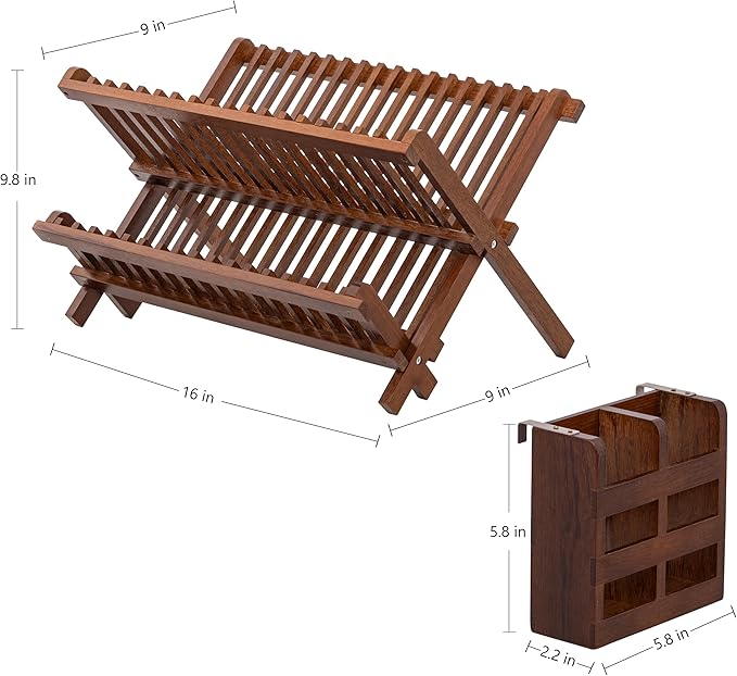 HBlife Dish Rack, Teak Folding 2-Tier Collapsible Drainer Dish Drying Rack - Image 2