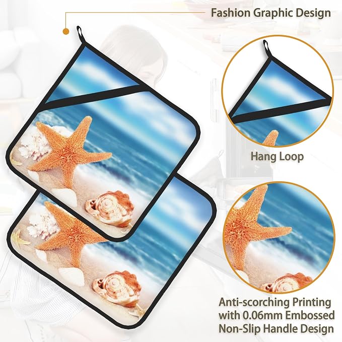 Beach Starfish Shells Pot Holder Set of 2, Heat Resistant Potholders Oven Hot - Image 4