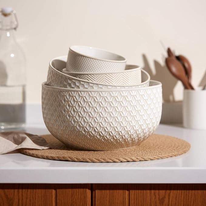 KooK Ceramic Mixing Bowls, Nesting Set of 4, Embossed Kitchen Dishware - Image 2