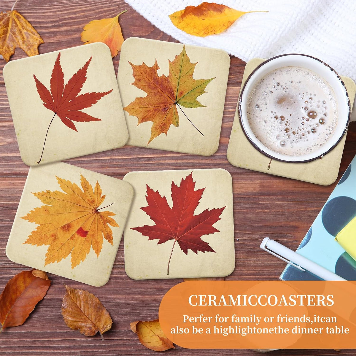 FYSUIMU 4 Pcs Fall Leaves Coasters Autumn Maple Leaf Square Ceramic