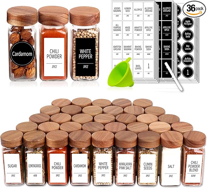 Churboro 36 Glass Spice Jars - 4 Oz Square Spice Containers with Acacia Wood by Churboro