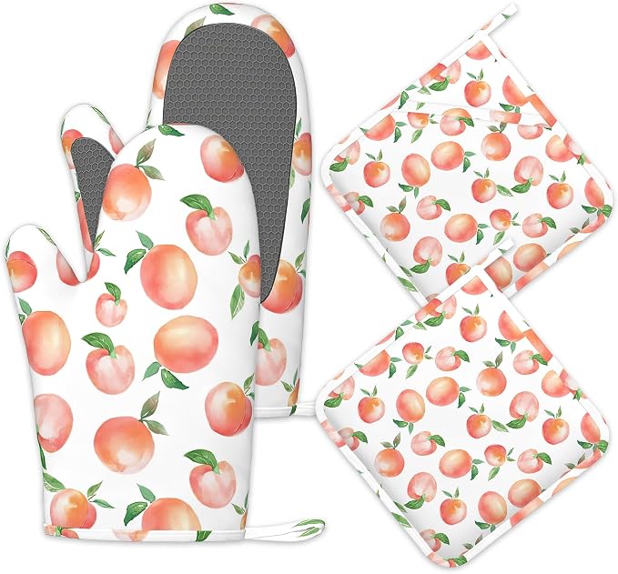 Watercolor Peaches Oven Mitts and Pot Holders Sets, Silicone Kitchen Mitts by Unknown