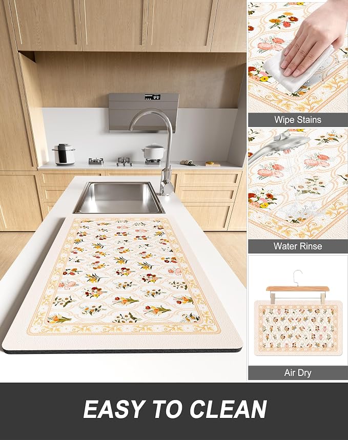 Rnivvi Dish Drying Mat for Kitchen Counter, 12 x 19" Cute Flower Theme Super - Image 6