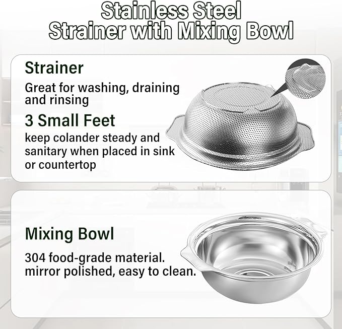 Stainless Steel Colander for Kitchen, 2.5QT Rice Washer Strainer - Image 3