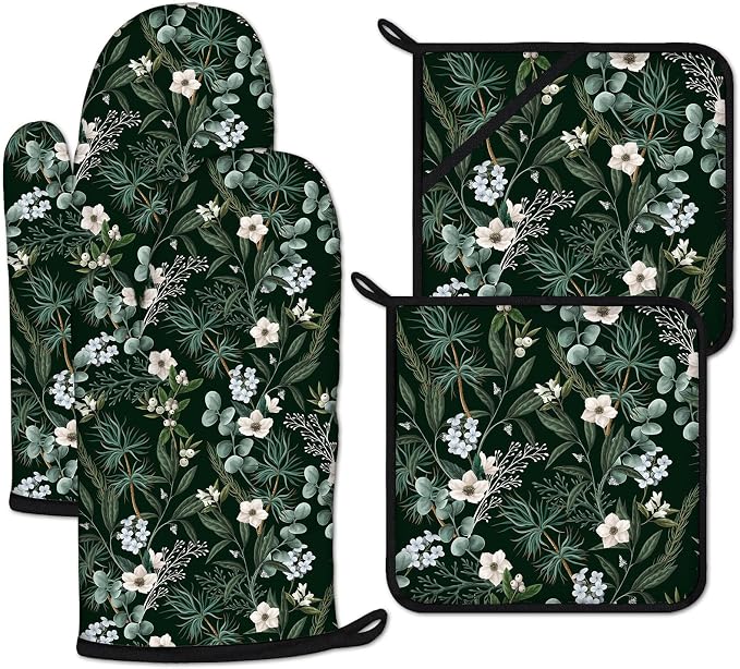 Botanical Print FloralOven Mitts and Pot Holders Sets Heat Resistant 4Pcs by ANTJOO