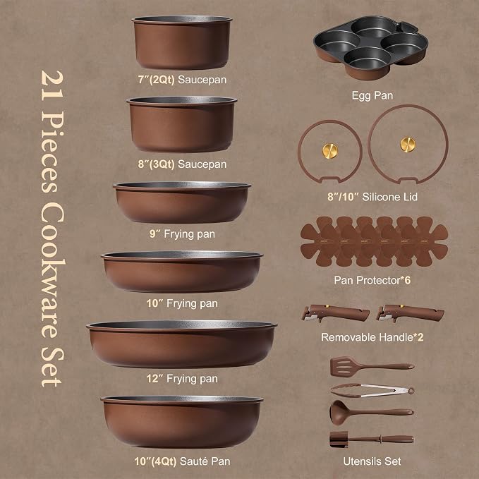 CAROTE 21pcs Pots and Pans Set, Nonstick Cookware Set Detachable Handle - Image 2
