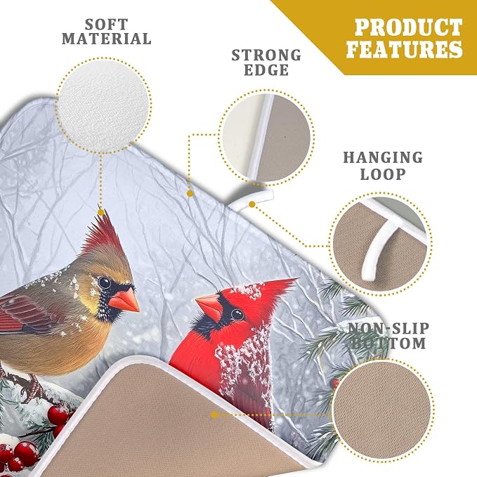 Christmas Bird Dish Drying Mat for Kitchen Counter 16 x 18 Inches Red Winter - Image 3