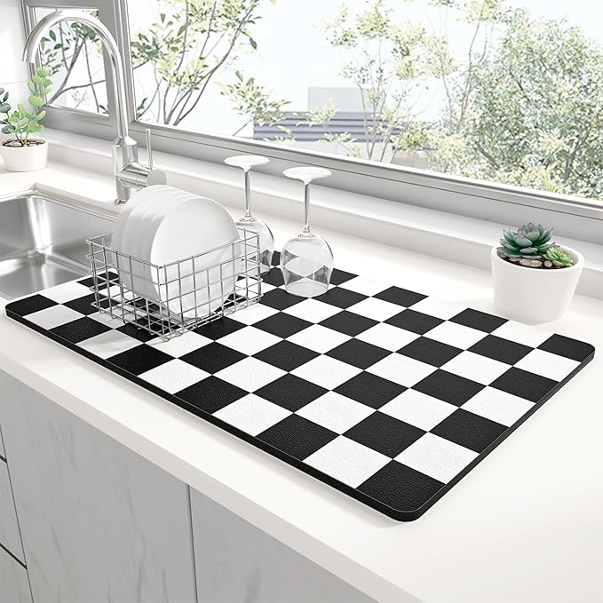 Rnivvi Dish Drying Mat for Kitchen Counter, 12 x 19" Cute Checkered Absorbent by Rnivvi