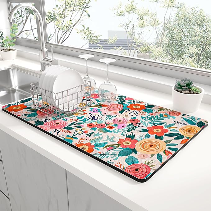Rnivvi Dish Drying Mat for Kitchen Counter, 12 x 19" Cute Flower Super by Rnivvi